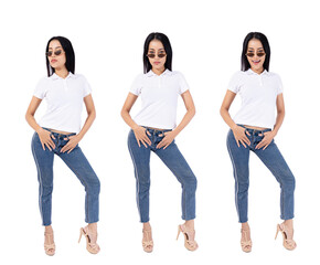 Fototapeta premium Beautiful smiling Asian girl with long hair, white shirt, sunglasses, fashion pose, seductive, model, isolated on white background.