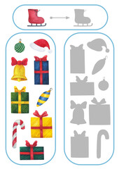 Christmas task find the silhouette of the drawings.  Activity page, sheet for kids. A cute game for developing a child's thinking. a riddle for preschoolers. Educational exercise in New Year's style