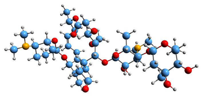  3D image of Spiramycin skeletal formula - molecular chemical structure of  macrolide antibiotic Е710 isolated on white background