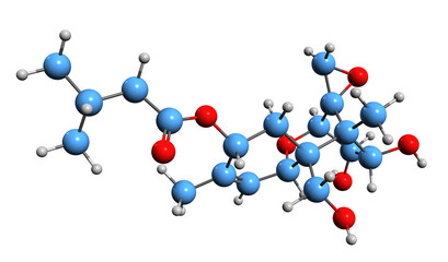 3D image of T2 triol skeletal formula - molecular chemical structure of  sesquiterpene mycotoxin isolated on white background