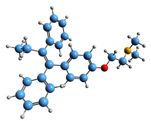 3D image of Tamoxifen skeletal formula - molecular chemical structure of  selective estrogen receptor modulator isolated on white background