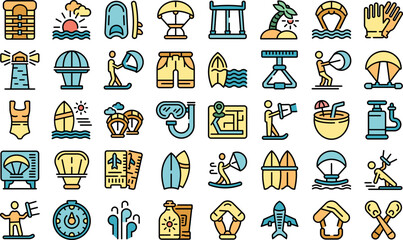 Kitesurfing icons set outline vector. Sport kite. Active board color flat isolated