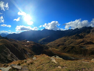 Mountain landscape of long distance hiking trail Tour Des Combins which crosses Switzerland to Italy via Bourg Saint Pierre, Fenetre Durand and Aosta Valley