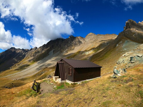 Mountain landscape of long distance hiking trail Tour Des Combins which crosses Switzerland to Italy via Bourg Saint Pierre, Fenetre Durand and Aosta Valley