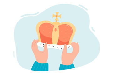 Hands holding gold crown of king, queen or emperor. Person giving royal award of victory to winner flat vector illustration. Success, VIP club concept for banner, website design or landing web page