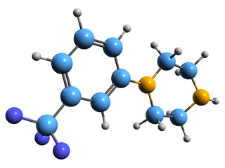  3D image of 3-Trifluoromethylphenylpiperazine skeletal formula - molecular chemical structure of recreational drug TFMPP isolated on white background
