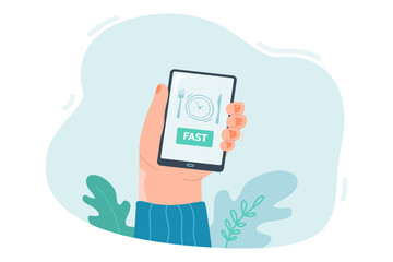 Mobile phone with food time on screen in hand. Woman having dinner, enjoying meal, setting meal reminder on smartphone flat vector illustration. Meal, service concept