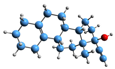  3D image of Tigestol skeletal formula - molecular chemical structure of  steroidal progestin isolated on white background