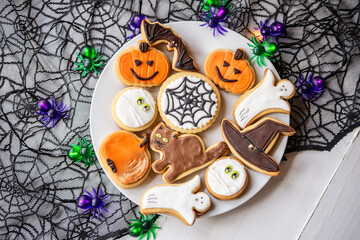 halloween dessert sweet baked trick or treat cookies, cake, bisquits shaped pumpkin, ghost, with,  - 541066985