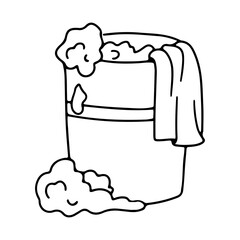 Bucket with detergent. Soapy water. Cleaning agent. Vector graphics on a white background.