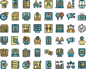 Electronic voiting icons set outline vector. Vote phone. Digital election color flat isolated