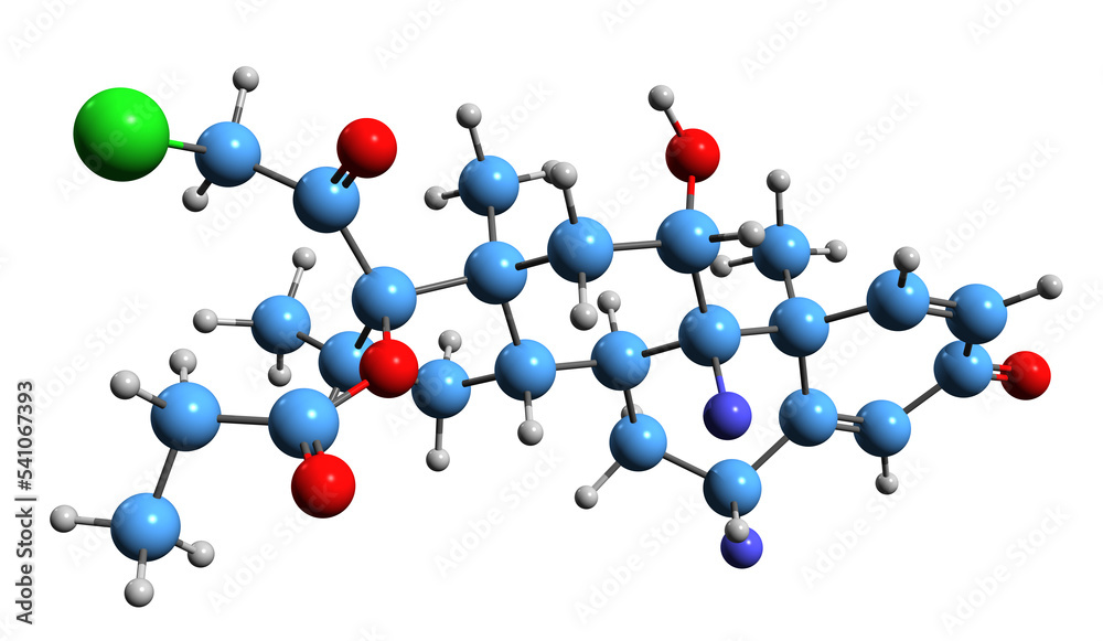 Poster  3D image of Ulobetasol propionate skeletal formula - molecular chemical structure of synthetic glucocorticoid corticosteroid halobetasol propionate isolated on white background
