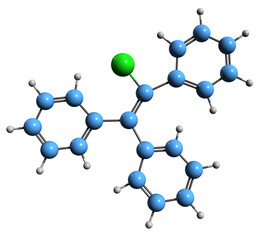  3D image of Triphenylchloroethylene skeletal formula - molecular chemical structure of Nonsteroidal estrogen isolated on white background