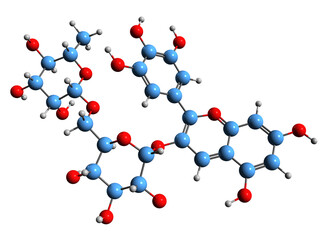  3D image of Tulipanin skeletal formula - molecular chemical structure of  anthocyanin Delphinidin-3-rutinoside isolated on white background