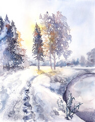 Winter Christmas card snowy  forest landscape watercolor illustration