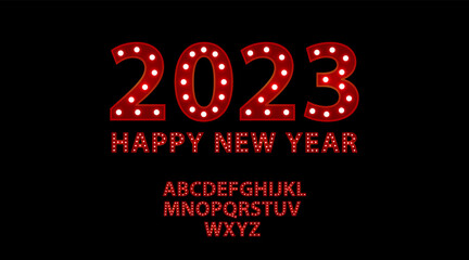 2023 happy new year. Red letters with luminous glowing lightbulbs. Vector typography words design. Bright signboard signage.