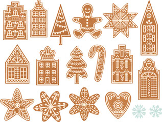 Gingerbread man, houses, candy cane, Christmas trees and stars cookies with frosting isolated elements set