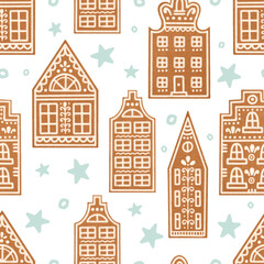 Gingerbread houses and blue stars Christmas seamless pattern