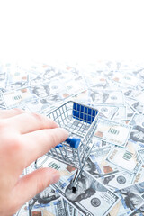 Shopping cart on the background of dollars.