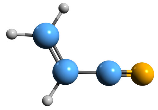  3D image of Acrylonitrile skeletal formula - molecular chemical structure of  organic compound Cyanoethene isolated on white background