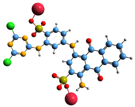  3D image of Reactive Blue 1 skeletal formula - molecular chemical structure of  anthraquinone fabric dye isolated on white background