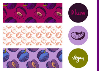 Vector fruit banner templates for vegan fruit banner, prune label background. Drawings of plum pattern seamless. Baby food packaging, juice label design. Organic jam, confectionery package, flyer.