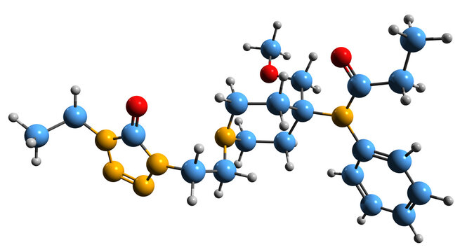  3D image of Alfentanil skeletal formula - molecular chemical structure of short-acting synthetic opioid analgesic drug isolated on white background
