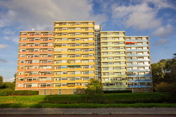 Colorful high rise apartment buildings in Zwanenveld, Nijmegen, The Netherlands on a sunny day in autumn