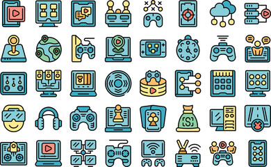 Online games icons set outline vector. Camera live. Control music color flat isolated