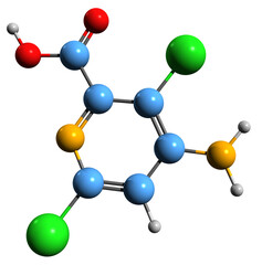  3D image of Aminopyralid skeletal formula - molecular chemical structure of selective herbicide isolated on white background
