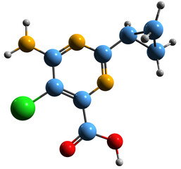 Obraz premium 3D image of Aminocyclopyrachlor skeletal formula - molecular chemical structure of low-toxicity herbicide isolated on white background