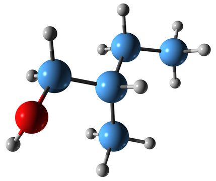 3D image of amyl alcohol skeletal formula - molecular chemical structure of 2-Methylbutan-1-ol isolated on white background
