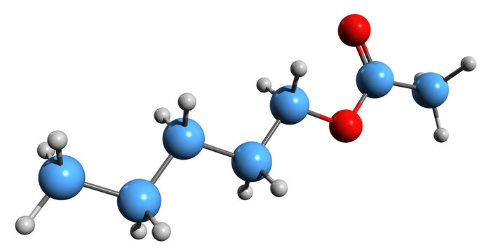 3D image of Amyl acetate skeletal formula - molecular chemical structure of pentyl acetate isolated on white background