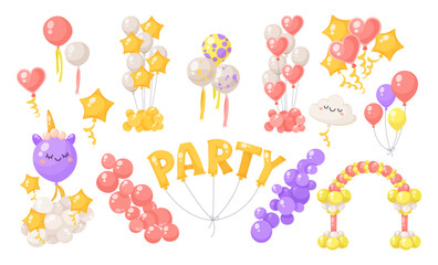 Cute festive balloons for decoration vector illustrations set. Balloons for carnival, festival, birthday party, arch for wedding isolated on white background. Decoration, celebration concept