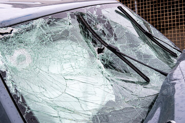 Car crashed in a collision, windshield smashed