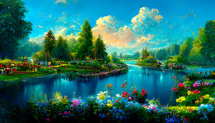 The natural landscape with canals and flowers. Advertising for books, illustrations and cartoons.