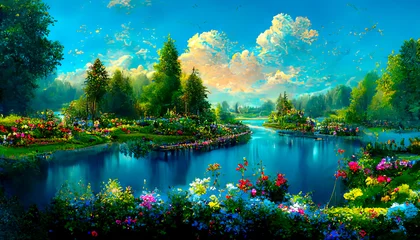 Photo sur Plexiglas Bleu The natural landscape with canals and flowers. Advertising for books, illustrations and cartoons.