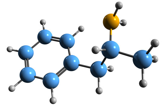 3D image of amphetamine skeletal formula - molecular chemical structure of alpha-methylphenethylamine isolated on white background
