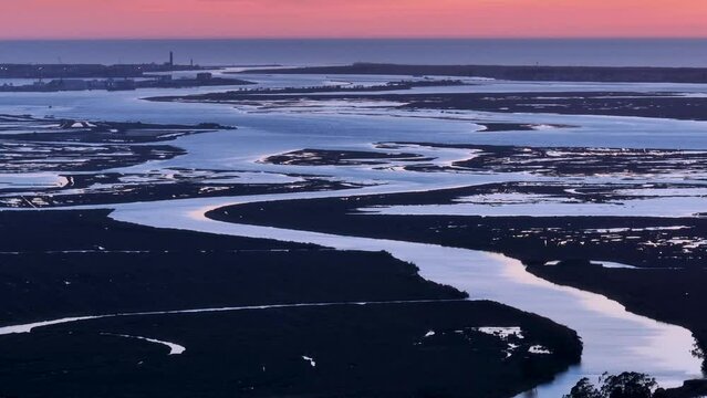 Panoramic view of the Ria de Aveiro on the Atlantic coast of Portugal. Aerial view from a drone. Portugal. Europe