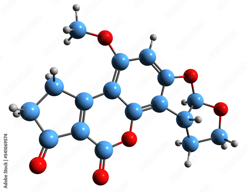 Wall mural 3D image of aflatoxin B2 skeletal formula - molecular chemical structure of poisonous carcinogen mycotoxin isolated on white background