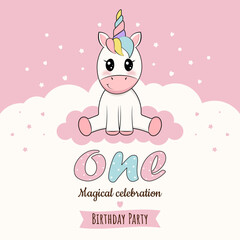 1 year birthday invitation card template with cute little unicorn and rainbow background. Happy birthday card, first birthday, unicorn. Vector illustration