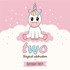 Obraz na płótnie Canvas 2 years birthday invitation card template with cute little unicorn and rainbow background. Happy birthday card, unicorn. Vector illustration