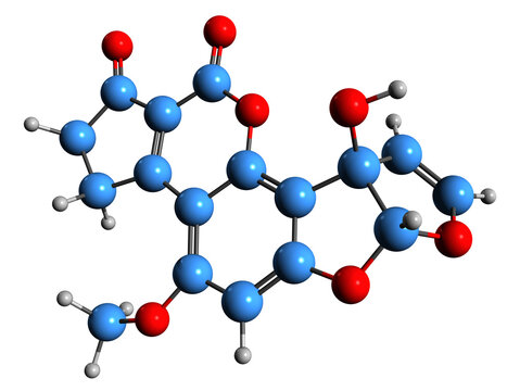 3D image of aflatoxin M1 skeletal formula - molecular chemical structure of poisonous carcinogen mycotoxin isolated on white background