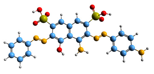 3D image of Acylan dark green B skeletal formula - molecular chemical structure of disazo dye isolated on white background
