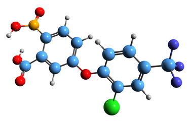  3D image of Acifluorfen skeletal formula - molecular chemical structure of  herbicide isolated on white background
