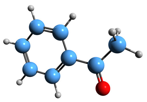  3D image of Acetophenone skeletal formula - molecular chemical structure of aromatic ketone isolated on white background
