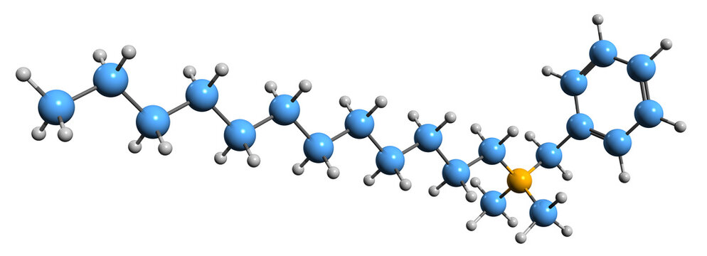  3D image of Benzalkonium chloride skeletal formula - molecular chemical structure of Alkyldimethylbenzylammonium chloride isolated on white background
