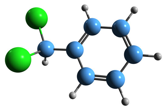 3D image of Benzal chloride skeletal formula - molecular chemical structure of Benzyl dichloride isolated on white background