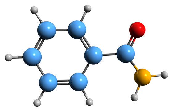 3D image of Benzamide skeletal formula - molecular chemical structure of Benzoic acid amide isolated on white background