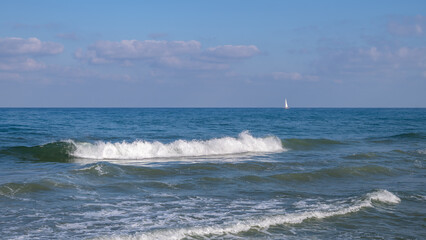 Sailboats on the Mediterranean Sea near the shore of Tel Aviv, Israel
